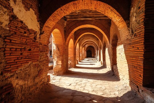 An image of an aged brick archway corridor, demonstrating aged architecture style and beautiful light condition - Powered by Adobe