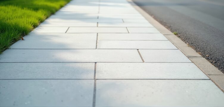 Light grey concrete sidewalk paving slabs lead towards a dark asphalt road. Green grass verge borders the path. Clean surface creates perspective.