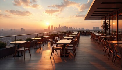 Obraz premium Empty cafe terrace with city skyline view at sunset. Tables and chairs on rooftop patio with warm golden light. Urban landscape panorama offers relaxing atmosphere.