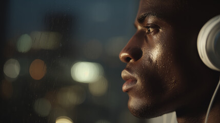 Thoughtful man with headphones looking out rainy window at night