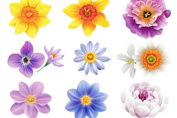 Spring flowers set vector design. Spring flower collection like daffodil, sun flower, crocus, daisy, peony and chrysanthemum fresh and blooming elements isolated in white background. Vector