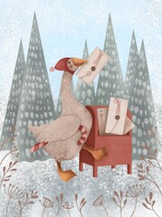 New Year's card, hand-drawn poster. Christmas illustration of geese decorating a Christmas tree against a snowy landscape