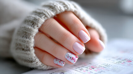 Close-up of hand with long square nails featuring black and red nail art for fashion and beauty inspiration
