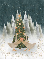 New Year's card, hand-drawn poster. Christmas illustration of geese decorating a Christmas tree against a winter forest background