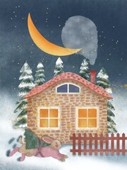 New Year's card, hand-drawn poster. Christmas illustration of a cute bunny with a Christmas tree against the backdrop of a snowy landscape and a cozy house