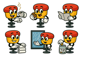 Mascot characters performing various daily activities while sitting on a bar stool