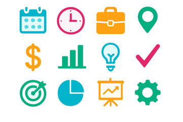 Colorful flat icons representing business finance planning and strategy concepts
