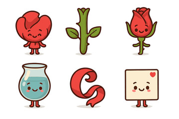 Charming Floral and Romantic Elements with Cute Character Faces