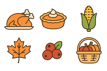 Autumn harvest and holiday food icons featuring turkey and pie