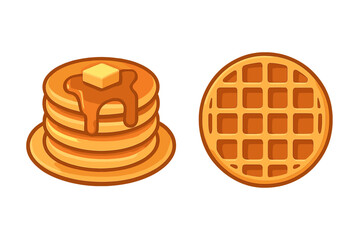 Tall stack of pancakes with melting butter and syrup beside waffle