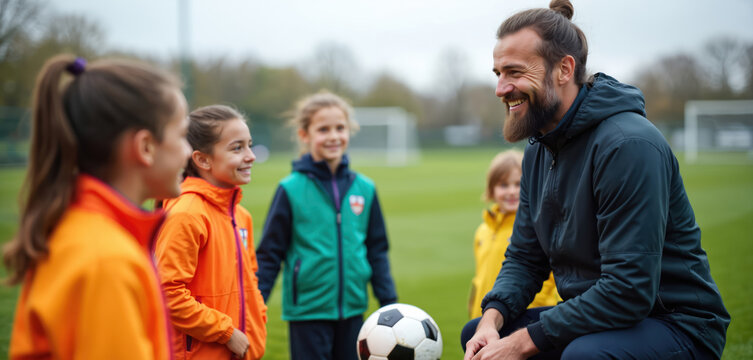 Soccer coach interacts with young players on field. Children listen coach. Sports mentorship, skill development, teamwork present. Coach provides encouragement on training. Team sport. Community,