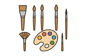 Assortment of painting brushes and artist color palette icons