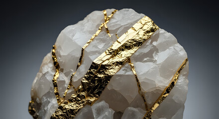 Close up of a quartz crystal with gold veins running through it on a gray gradient background