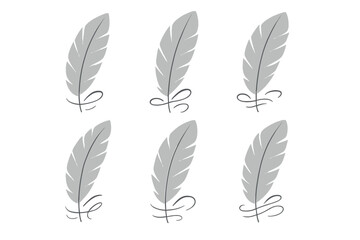 Stylized gray quill pen feathers with decorative swirls in a seamless pattern
