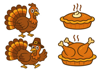 Naklejka premium Charming cartoon turkeys and holiday pies for autumn celebration