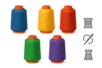 Colorful sewing thread spools with needle and bobbin icons