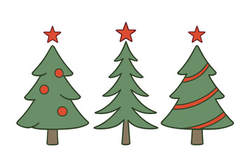 Obraz premium Three stylized green fir trees with bright red star toppers for holiday design