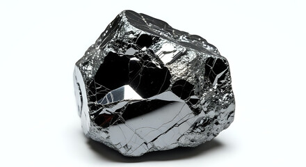 A close up of a shiny dark gray metallic mineral specimen on a white surface with sharp edges and facets