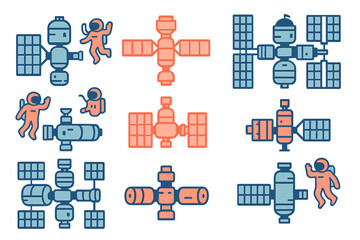 Set of space station and astronaut icons floating in orbit