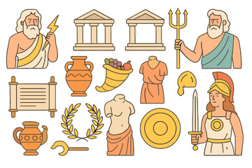 Set of Ancient Greek Mythology Icons Featuring Gods Statues and Artifacts