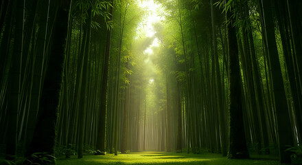 Sunlight streaming through dense bamboo forest creating a path of light and shadow effect scene
