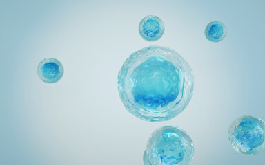 Living cells illustration. Cells membrane with nucleus are floating. Medical and science concept background. B-cell concept. 3D render	