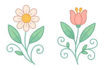 Stylized spring flowers with green leaves and decorative swirls