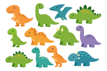 Obraz premium Collection of cute cartoon dinosaurs and prehistoric reptiles in bright colors