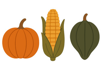 Assortment of autumn harvest vegetables including pumpkin, corn, and squash