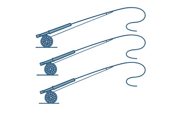 Three stylized fly fishing rods with reels and curved lines