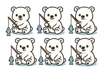 Adorable polar bear cub fishing with rod and seamless pattern