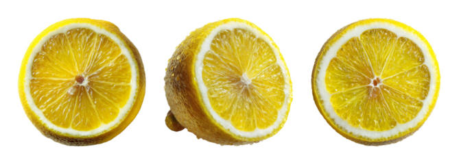 Juicy ripe lemon slices, vibrant yellow citrus with glistening droplets, a refreshing abstract texture, perfect for culinary or design projects PNG set with transparent background