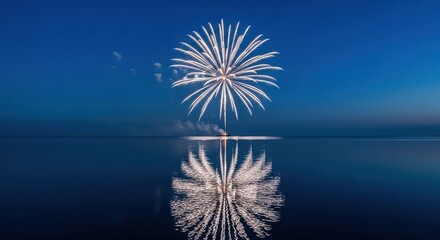 Spectacular fireworks exploding over calm lake at dusk