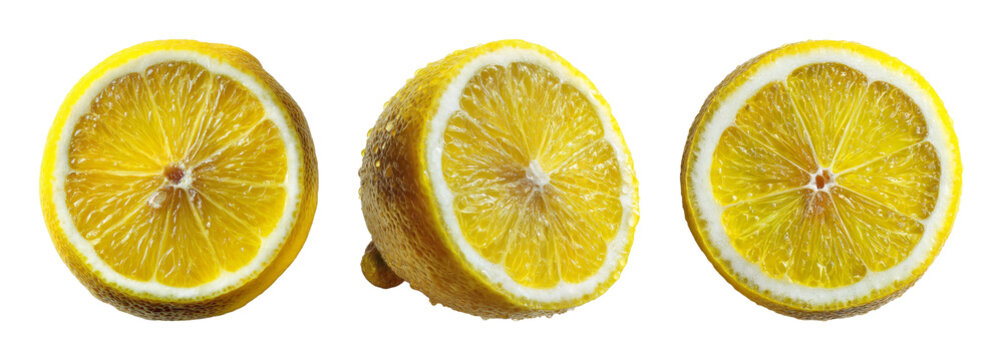 Juicy ripe lemon slices, vibrant yellow citrus with glistening droplets, a refreshing abstract texture, perfect for culinary or design projects PNG set with transparent background