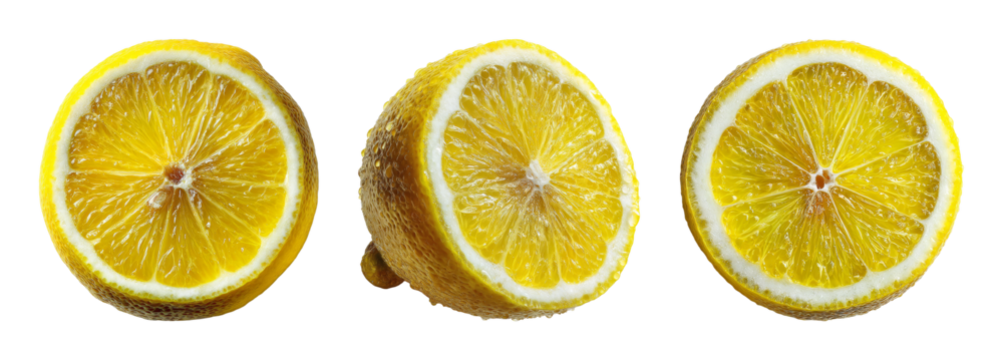 Juicy ripe lemon slices, vibrant yellow citrus with glistening droplets, a refreshing abstract texture, perfect for culinary or design projects PNG set with transparent background