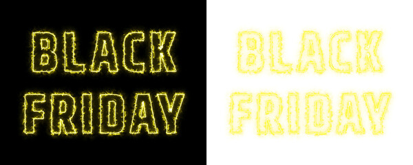 Black Friday glowing torch neon text design in yellow on black and transparent background, modern sale typography for shopping promotions