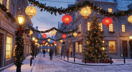 Festive christmas decorations adorn a snowy european street at dusk with lanterns glow