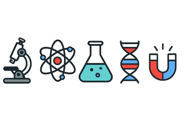 Set of colorful science and laboratory icons including microscope, atom, flask, DNA, and magnet