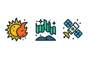 Obraz premium Solar flare aurora and satellite space phenomena icon set