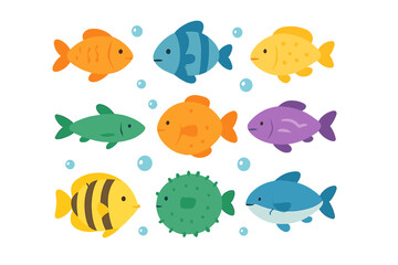 Colorful cartoon tropical fish swimming with small bubbles