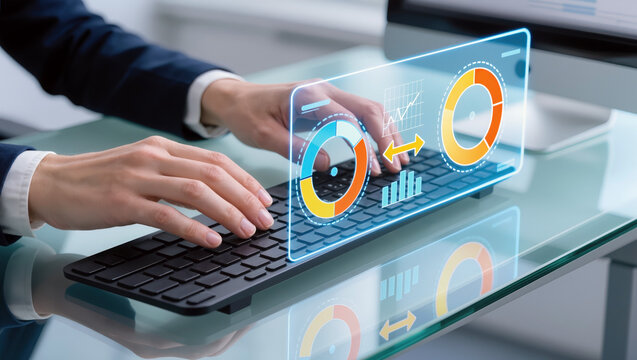 Futuristic business innovation with hands typing on keyboard and virtual interface for technology and data analysis
