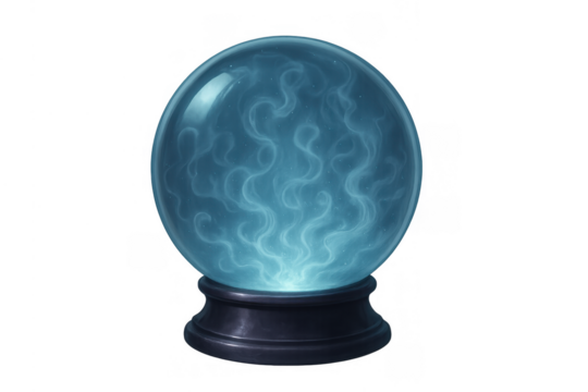 Crystal ball glowing with mystic blue energy, showing magic, fantasy, and future divination on transparent background