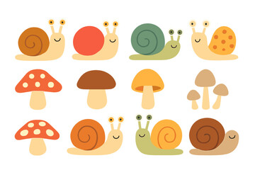 Cute cartoon snails and various colorful mushrooms collection