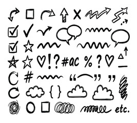 Illustration of hand drawn doodle elements arrows, check marks, crosses, speech bubbles, stars, hearts, clouds, circles, squares, and abstract shapes
