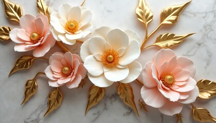 Soft pink, white blossoms with golden leaves on marble. Elegant floral design suitable for luxury invitations, beauty products, wedding decor. Art piece brings sophistication, natural beauty together