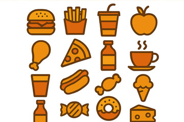 Collection of stylized fast food and sweet snack icons in warm orange color palette