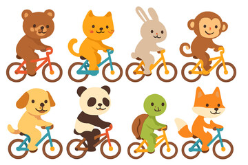 Adorable cartoon animals cycling together in a cheerful group