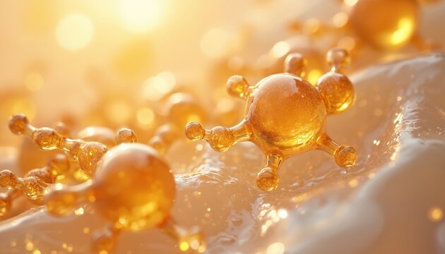 Golden molecules interact with skin cells. Macro view of vitamin B5 serum for cosmetic hydration and skin care. Nourishing beauty treatment for healthy complexion.