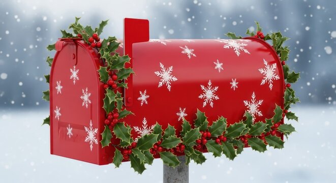 Festive red mailbox adorned with snowflakes and holly in a snowy winter scene