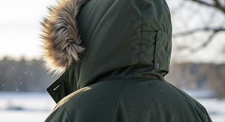 Person wearing green winter coat with fur hood in snowy landscape  